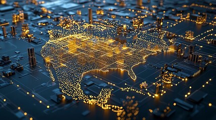 Intricate digital visualization of North America formed by glowing golden dots with lights arranged like a data network showcasing depth detail and advanced technology
