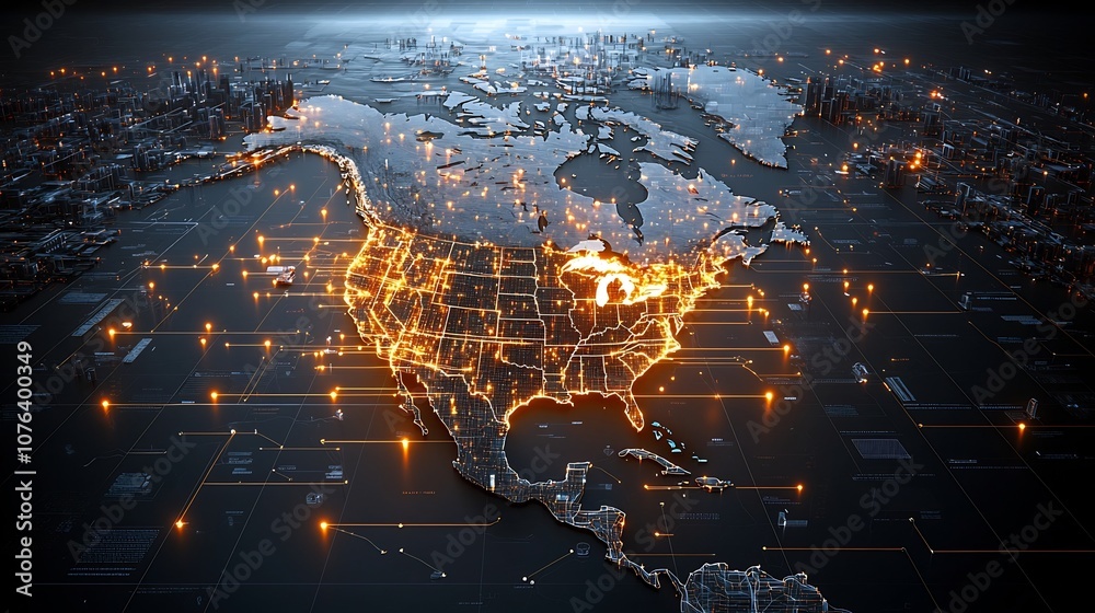 Aufkleber vibrant digital north american data network grid with intense golden lights symbolizing advanced dat