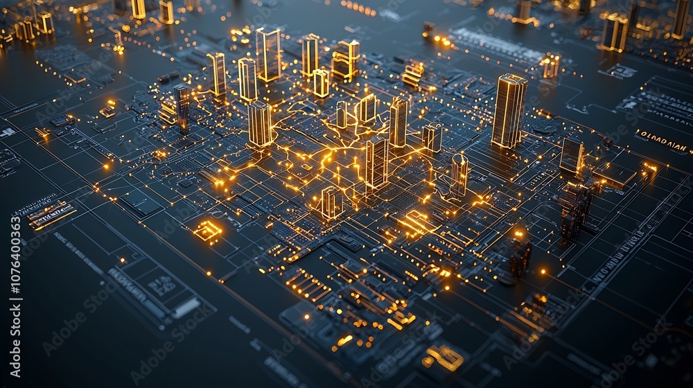 Poster Bright intense golden lights on a digital North American map layout creating a high tech network grid that symbolizes advanced data connectivity and flow across the continent