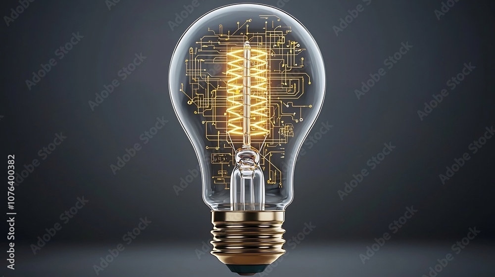 Poster Transparent light bulb with intricate golden circuitry inside symbolizing the seamless fusion of creativity and advanced technology