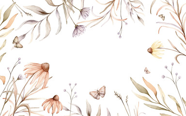 Rectangle Frame with pastel color autumn fantasy botanical and butterflys. Watercolor hand painting illustration on isolated background. Banner of flowers with herbs and dried branches.