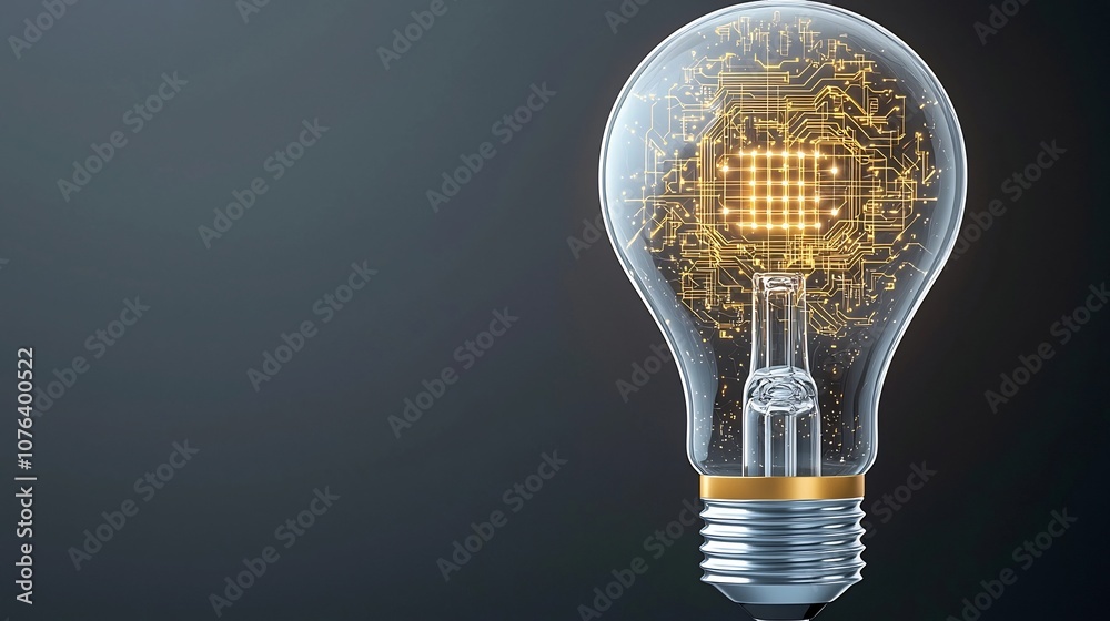 Poster A futuristic light bulb with a transparent exterior and intricate golden circuit patterns inside emitting a warm glow against a dark background