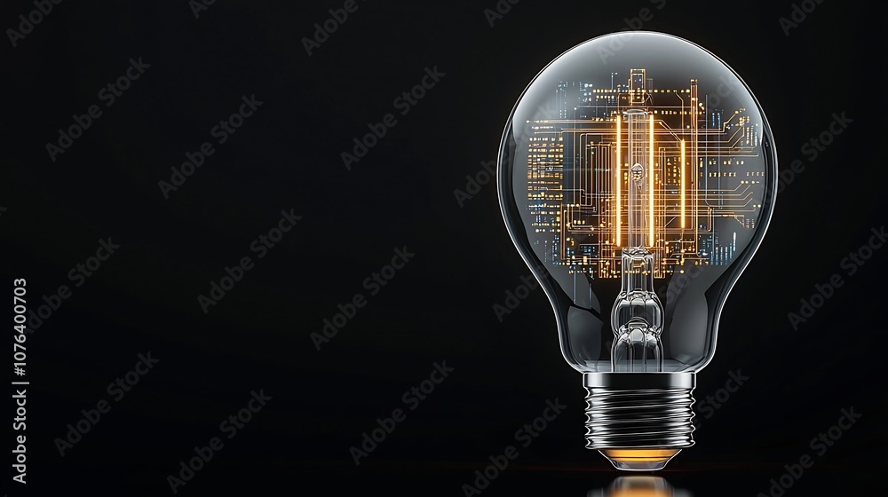 Poster Transparent futuristic light bulb with intricate golden circuit lines inside symbolizing smart design and digital innovation