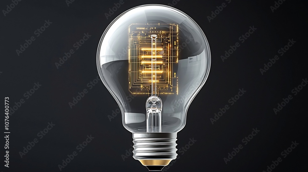 Aufkleber Transparent futuristic light bulb with internal gold circuit lines symbolizing smart and digital innovation with warm light at the bottom and a dark background for contrast and emphasis on the design
