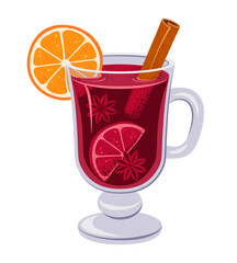 Mulled wine with orange slice, cinnamon stick and badian, star anise. Hot spicy drink isolated on transparent white background. Vector Illustration in flat style