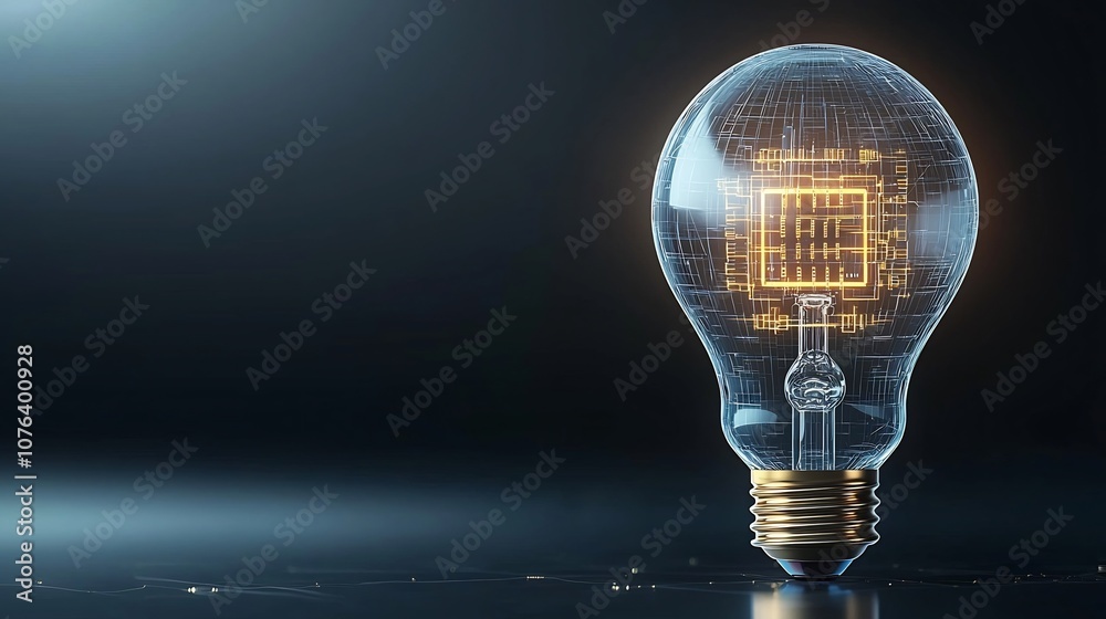 Aufkleber Glowing High Tech Light Bulb Concept with Clear Structure and Golden Digital Circuitry Representing the Warm Glow of Technological Transformation Set Against a Dark Background