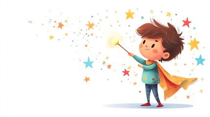 a 2D cartoon illustration of a child playing with a toy train set, happy and focused, white background--ar 16:9