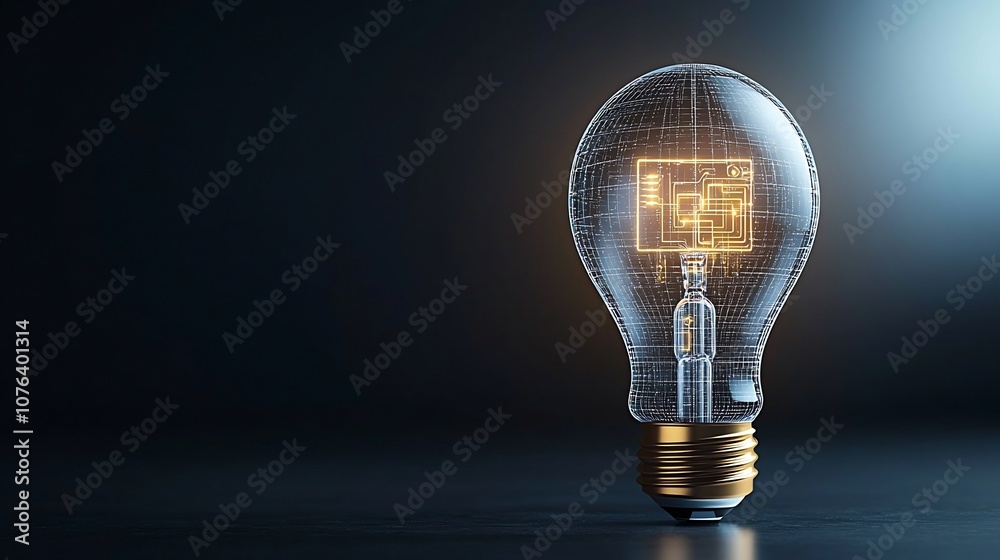 Poster Glowing High Tech Light Bulb Concept Representing Digital Transformation and Innovation with Clear Structure and Golden Circuitry Inside Set on a Dark Background