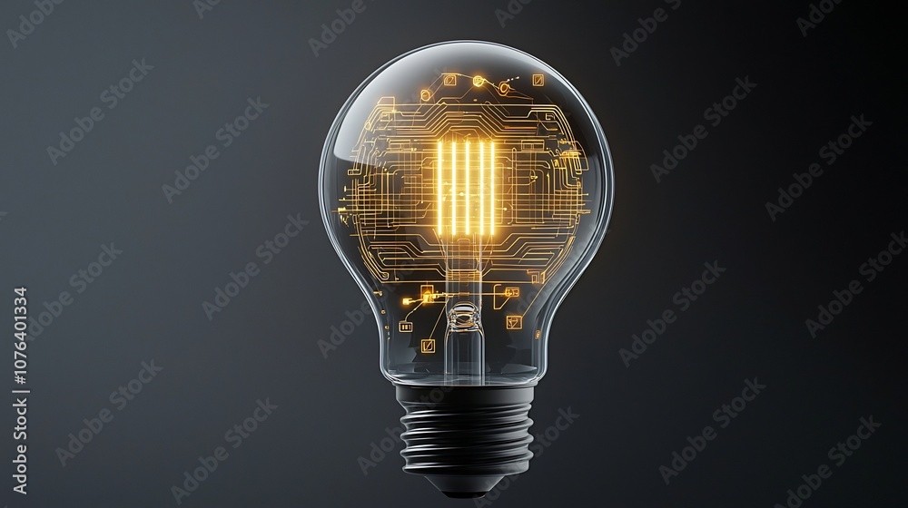 Aufkleber Transparent bulb with futuristic golden circuit designs glowing warmly at the base with a metallic finish set against a dark background symbolizing innovation and smart technology