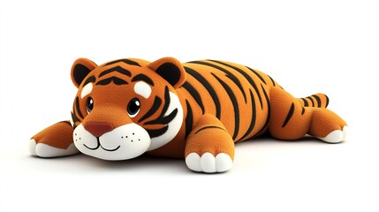 a 2D cartoon illustration of a stuffed tiger lying down, cute and playful, white background--ar 16:9