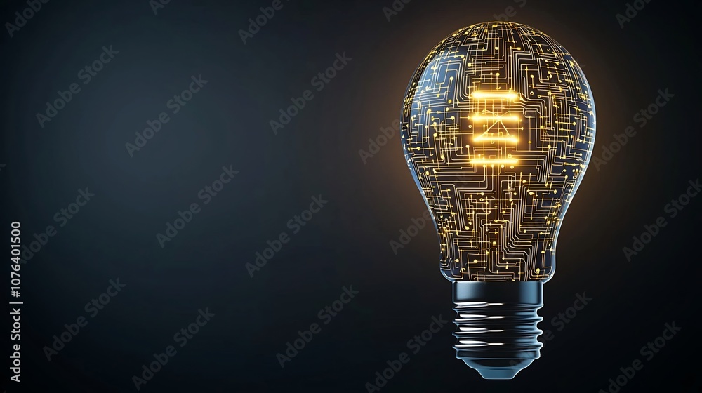 Poster Illuminated metallic light bulb with complex circuit like patterns in gold symbolizing the interconnectedness of digital technology and creative innovation