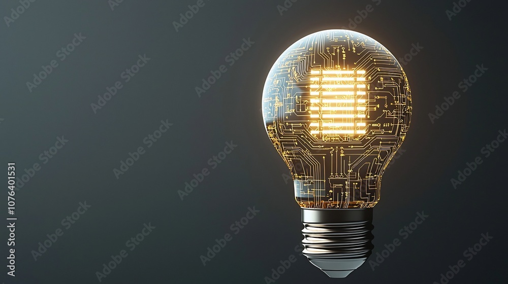 Poster Glowing technological bulb with intricate circuit like patterns in shimmering gold symbolizing digital connections creative innovation and the power of new ideas