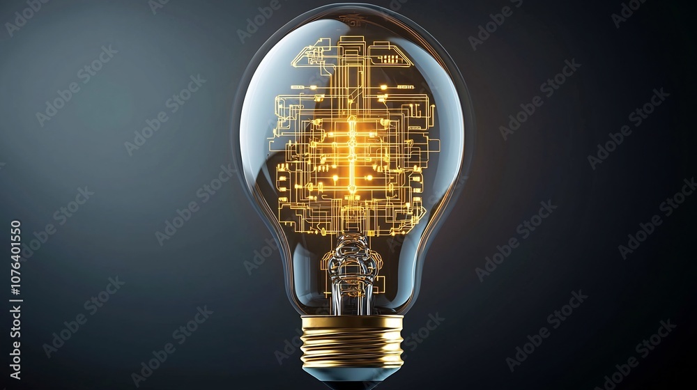 Leinwandbilder futuristic light bulb featuring a complex network of golden circuits symbolizing creativity and the 