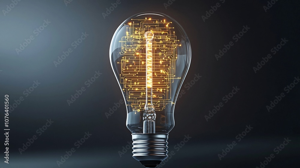 Aufkleber Futuristic light bulb featuring a complex network of golden circuits symbolizing the fusion of creativity and advanced technology