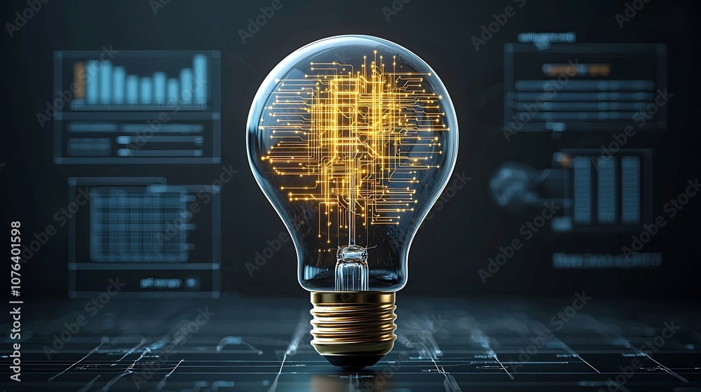 Poster Futuristic light bulb featuring a complex network of golden circuits symbolizing the convergence of creativity and advanced technology