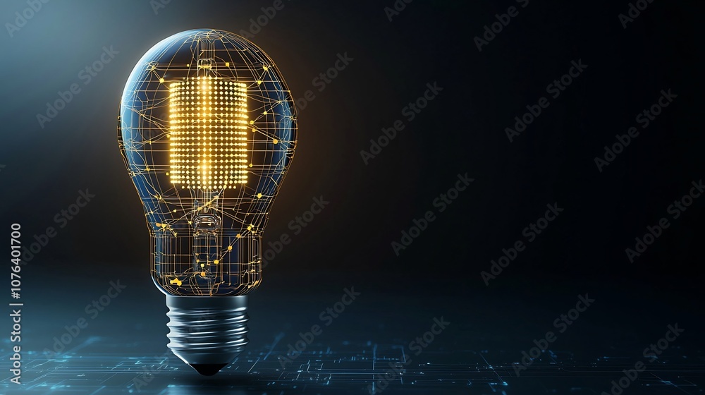 Poster intricate golden digital light bulb with warm metallic glow at the bottom set against a dark backgro