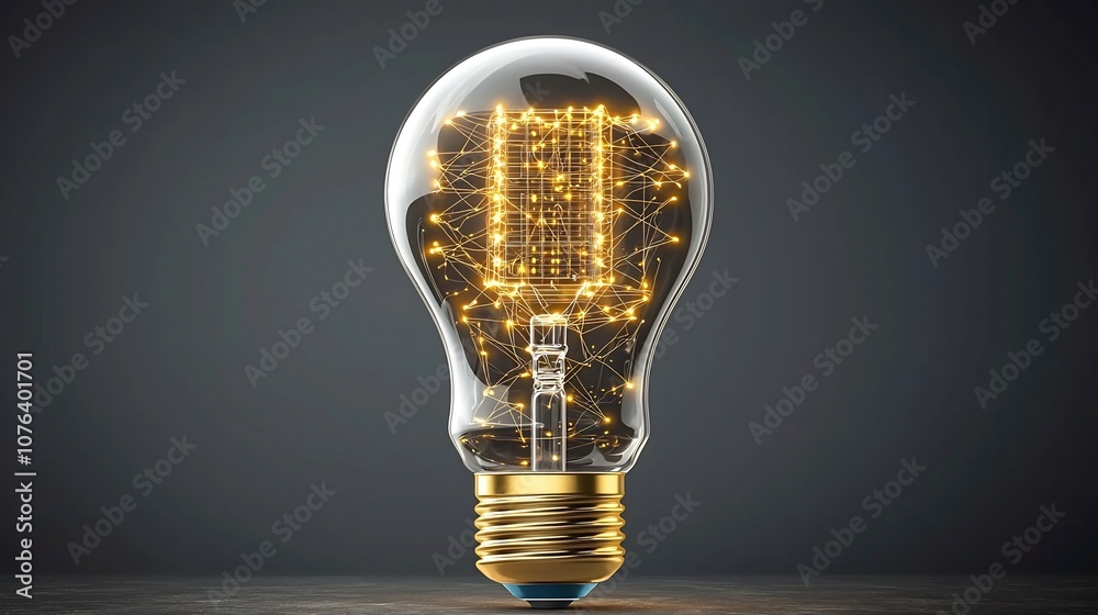 Poster a modern lightbulb with intricate golden digital connections inside emitting a warm metallic glow at