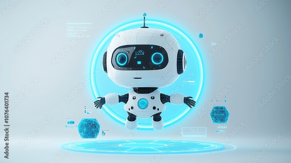 Aufkleber futuristic robot assistant floating above a glowing light blue neon portal set against a low poly wi