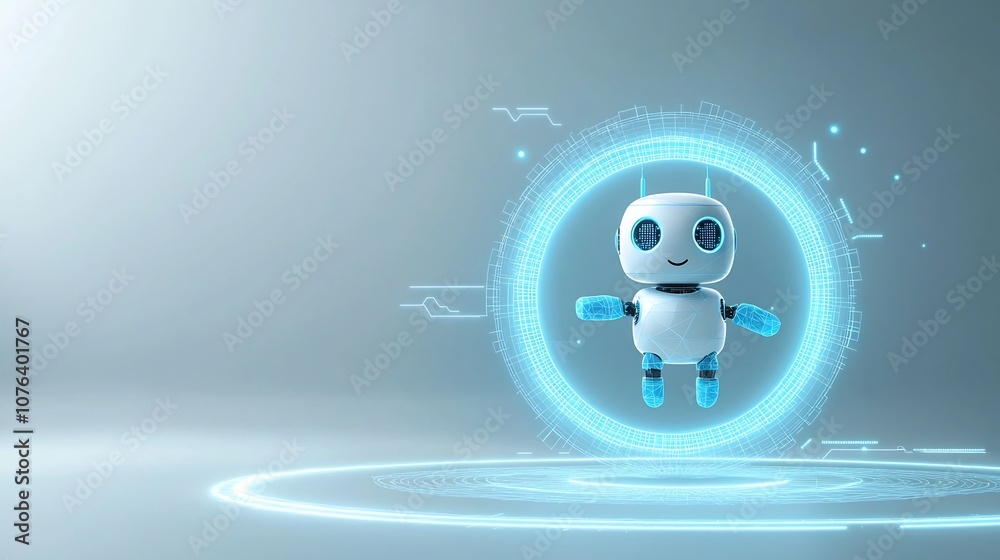 Poster Futuristic 3D Abstract Robot Floating Above Glowing Light Blue Neon Portal with Low Poly Wireframe Tech Background  Cute Polygonal Bot Assistant Hovering in Cyber Futuristic Digital Scene