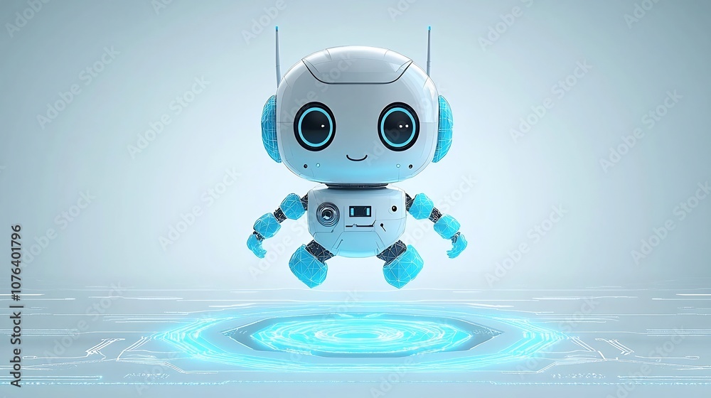 Aufkleber Futuristic robot assistant floating above a glowing light blue neon portal set against a low poly wireframe tech background in a cute minimalist and vibrant 3D digital art style