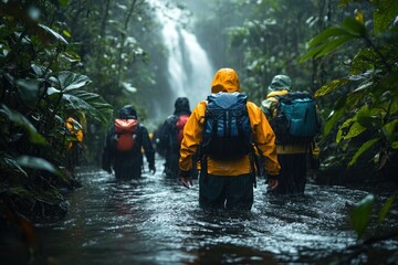 Fototapeta premium Hikers in Raincoats Traverse a Lush Jungle Creek