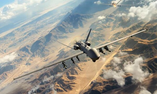 Military drones flying over a desert landscape for reconnaissance and combat missions.	
