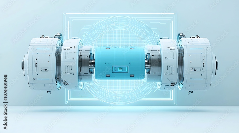 Poster futuristic digital robot with a low poly blue body floating above a light blue neon portal the tech 