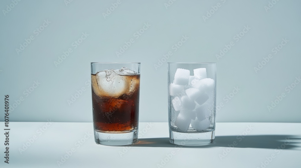 Poster comparing two glasses, one with soda and ice, the other with sugar cubes, showing the high sugar con