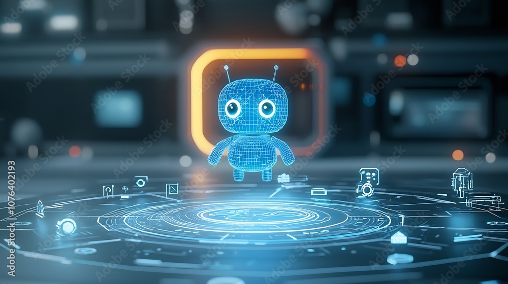 Leinwandbilder cute blue polygonal bot floating above a glowing neon portal with an abstract digital tech backgroun