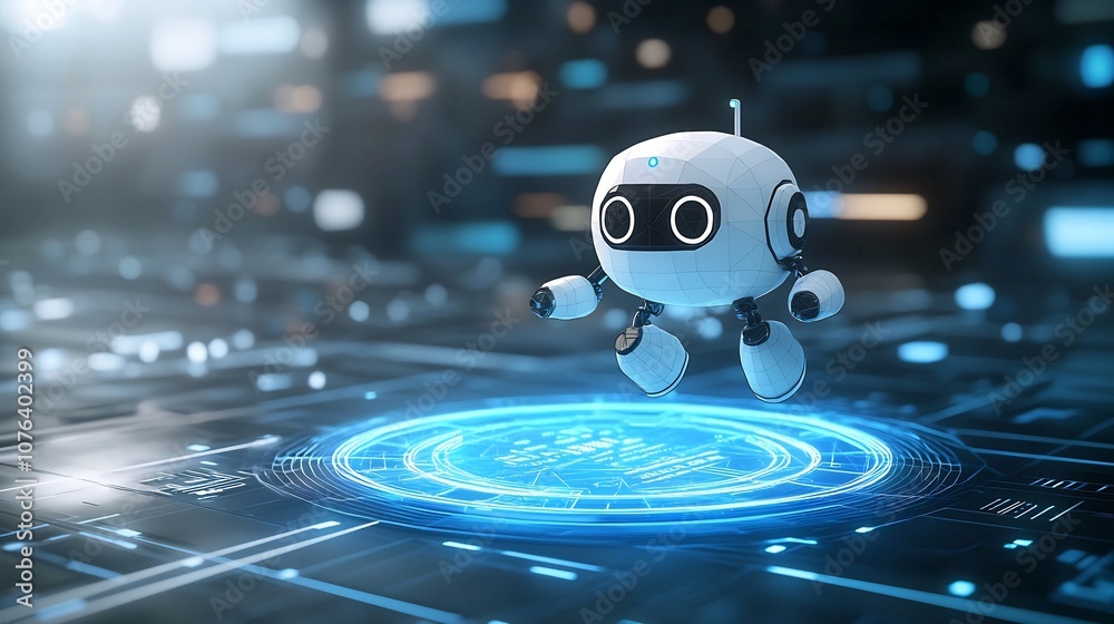 Aufkleber adorable polygonal 3d robot assistant hovering above glowing blue neon portal with low poly wirefram
