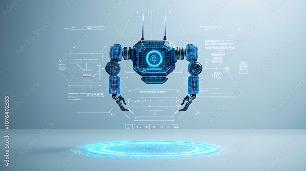 Poster Abstract low poly digital robot floating above a light blue neon portal with a futuristic wireframe tech background in a sleek minimalist style