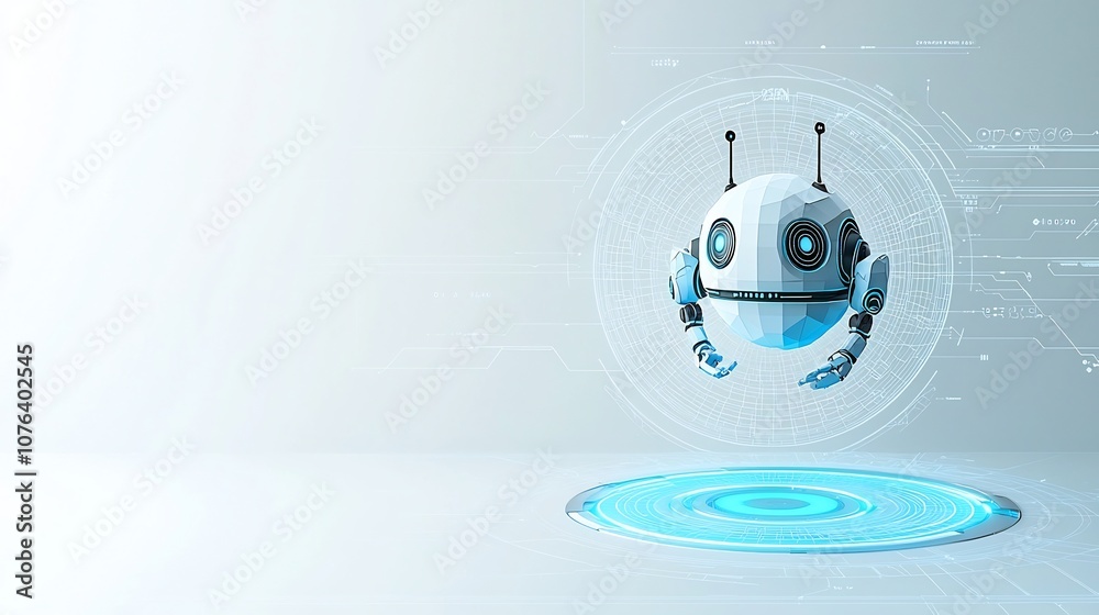 Poster Abstract low poly digital robot floating above a light blue neon portal with a wireframe tech background in a futuristic style representing modern technology and intelligence