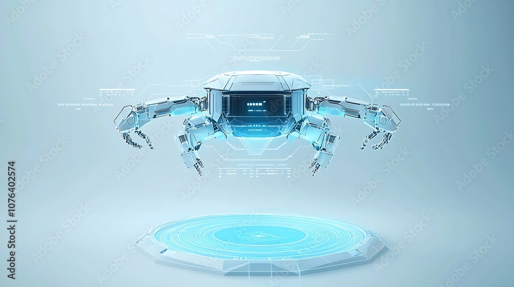 Poster Abstract low poly digital robot floating above a light blue neon portal with a wireframe tech background in a futuristic style