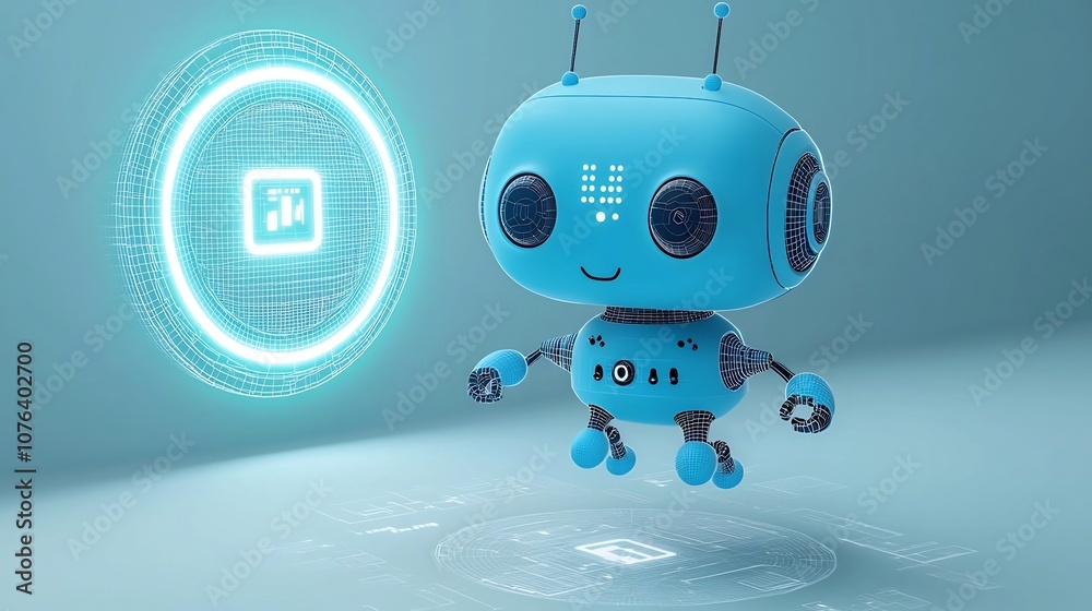 Poster Cute and Futuristic 3D of a Blue Robot with Low Poly Design Floating Above a Neon Portal Set Against a Tech Background with Wireframe Vectors for a Digital and Innovative Concept