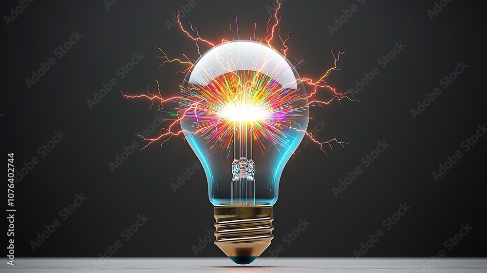 Aufkleber Intense multicolored electric sparks with branching lightning emanating from a light bulb and creating a vibrant futuristic glow effect on a transparent background