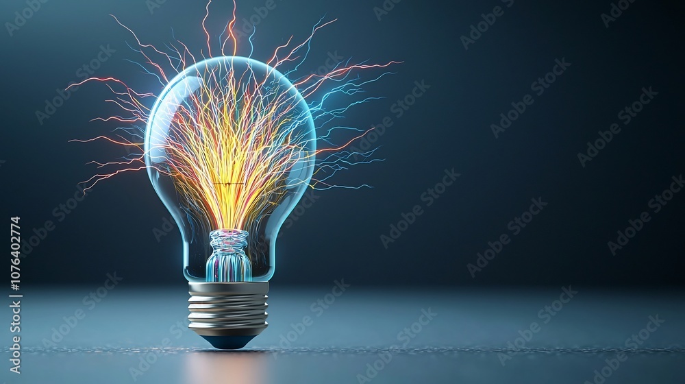 Poster Stunning image of a light bulb emitting intense multicolored electric sparks with branching lightning like patterns creating a vibrant futuristic glow effect against a transparent background