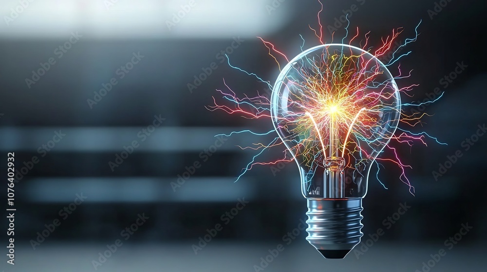 Poster Striking Futuristic Visual of a Light Bulb Filled with Glowing Multicolored Electric Sparks and Dynamic Branching Lightning Bolts on a Transparent Background Symbolizing Innovation Energy