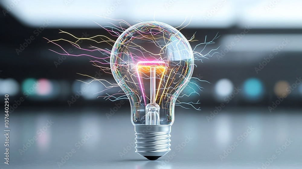 Poster futuristic glowing light bulb with vibrant multicolored lightning and electric spark effects isolate