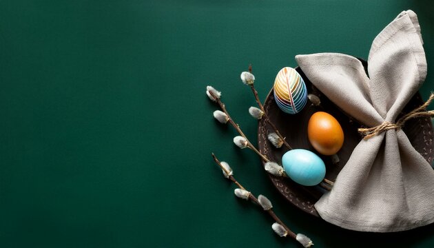Dekoration zu Ostern auf einem dunkelgr&uuml;nen Hintergrund mit Platz f&uuml;r Text und Produktpr&auml;sentation.