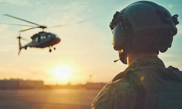 Military commando viewed from behind, in full tactical gear and helmet, holding a rifle with a helicopter flying in the sky at sunset, with copy space