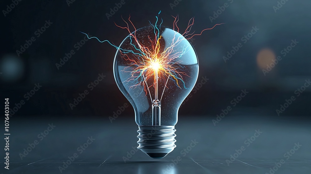 Aufkleber Intense electric sparks and colorful branching lightning flashing inside a light bulb isolated on a transparent background and giving off a high energy futuristic visual effect