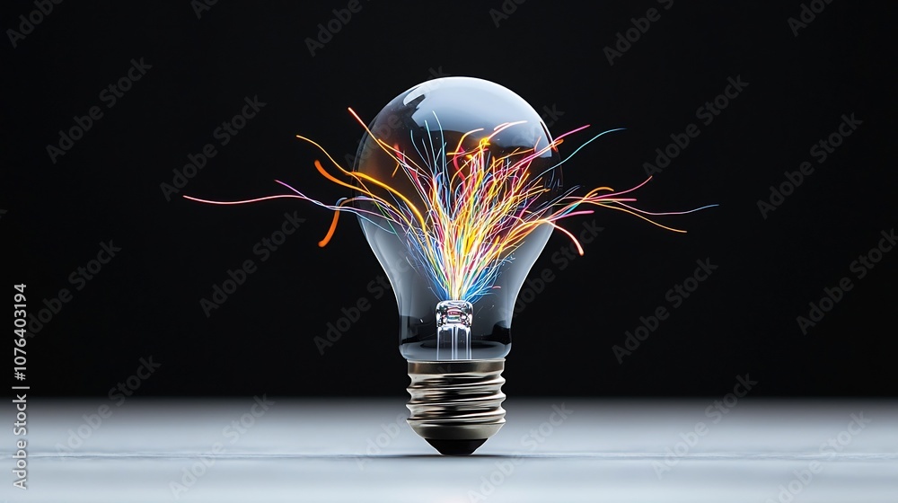 Poster intense electric sparks and colorful branching lightning inside a light bulb isolated on transparent
