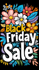 Bright and colorful floral design featuring bold text for Black Friday Sale. vibrant flowers and playful typography create inviting atmosphere for shoppers