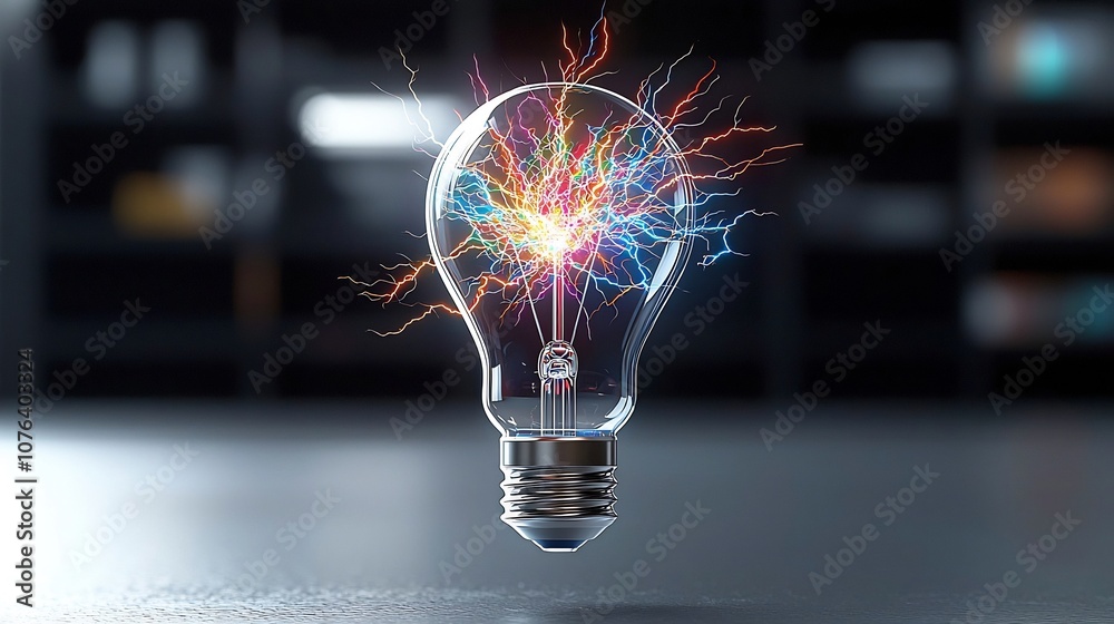 Poster Bright multi colored electric sparks and intricate branching lightning emanating from a glowing light bulb against a transparent background creating a futuristic and energetic visual