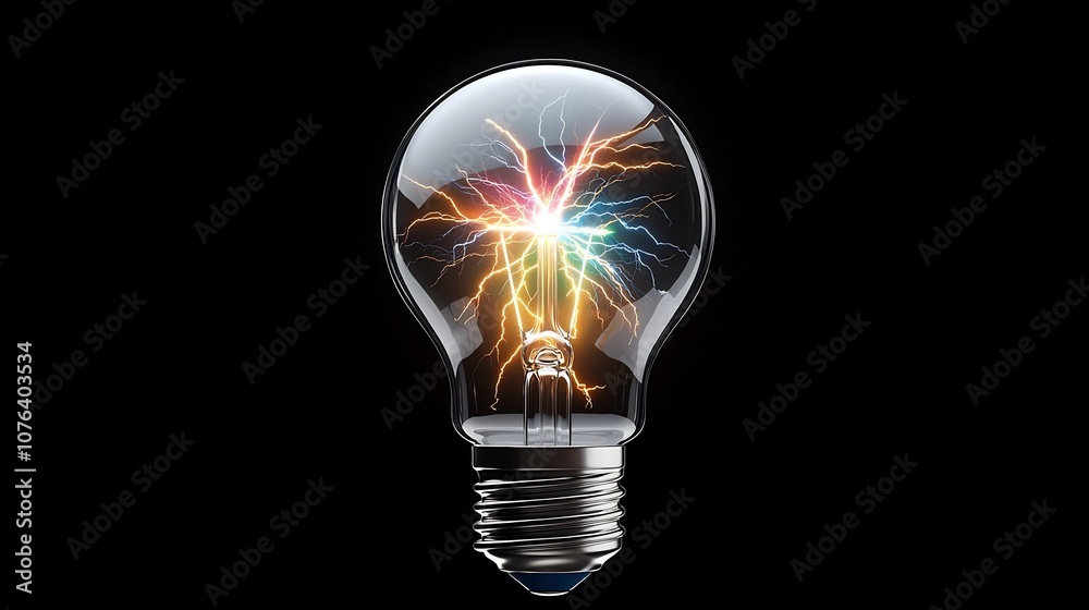 Poster radiant transparent light bulb with striking multi colored lightning and electric spark effects