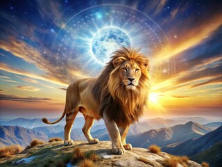 Obraz premium Captivating Drone Photography of Leo Zodiac Sign Symbolism Amidst Vibrant Celestial Landscapes and Astrological Elements for Astrology Enthusiasts and Spiritual Seekers