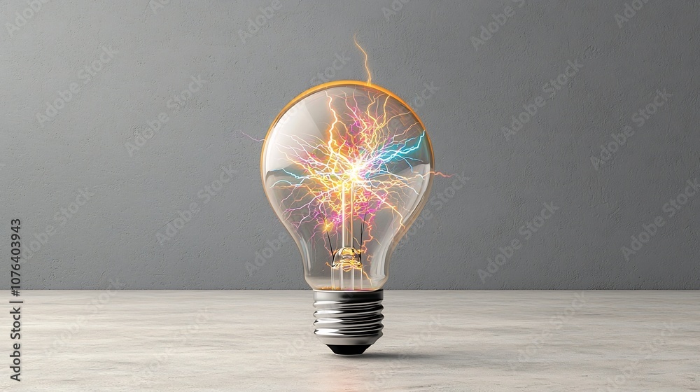 Poster Vibrant and dynamic multicolored electric spark erupting from a transparent light bulb creating a visually striking and futuristic energy effect with intense branching lightning like elements