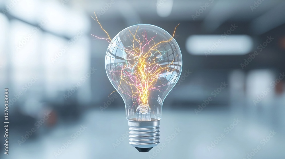 Aufkleber Transparent light bulb with radiant multi colored lightning and electric spark effects intense energy branching out and creating a visually futuristic mesmerizing and captivating surreal scene