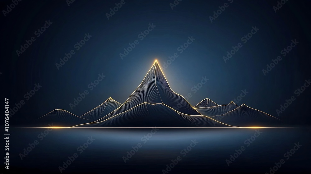Poster refined generative mountain landscape with thin gold line art on deep blue backdrop a serene and dig