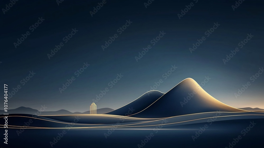 Aufkleber Elegant and Digital of a Mountain Landscape with a Minimalist Metallic Gold Line Art Overlay on a Serene Deep Blue Background Creating a Refined and Visually Striking Aesthetic